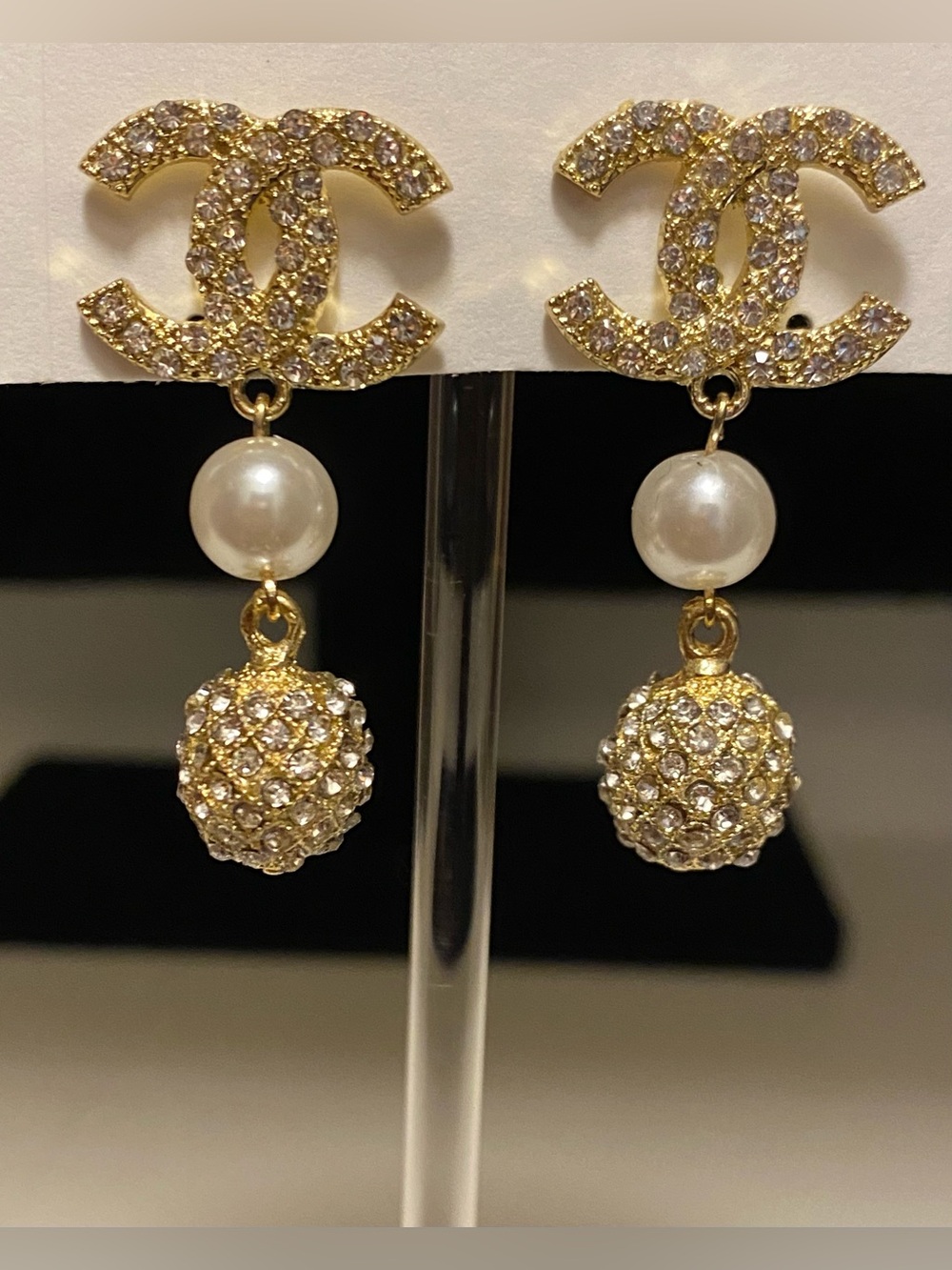 Fashion Jewelry 14K Gold Plated Crystal Pearl C-C Luxury Drop Earrings